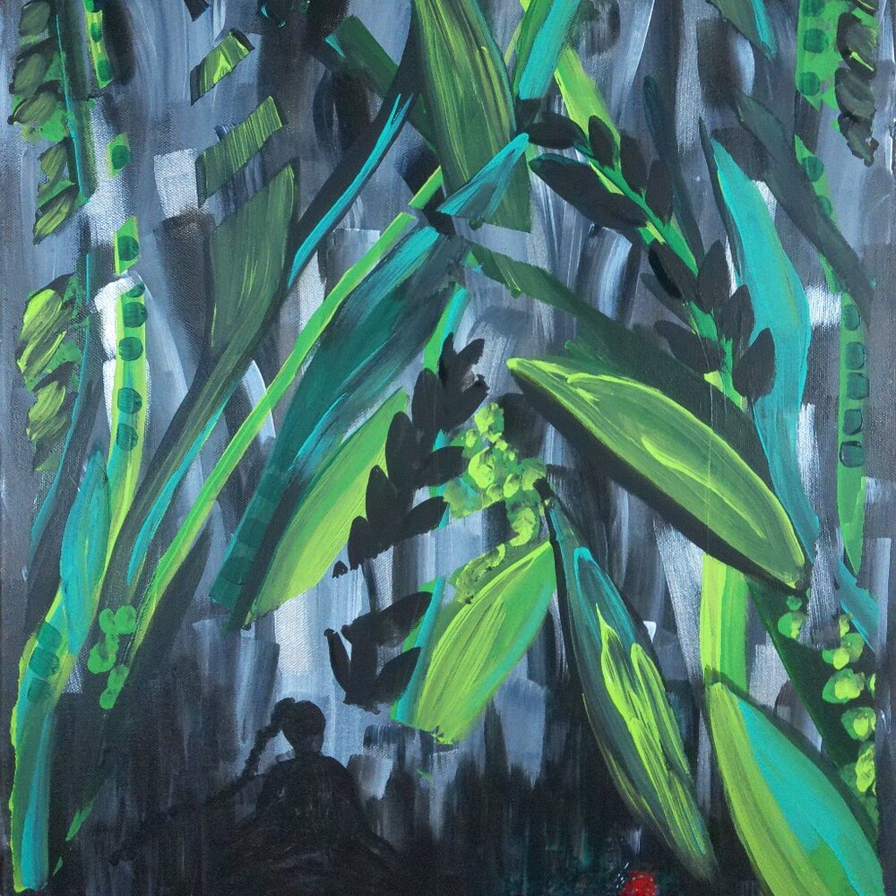 Titled "Sitting In The Jungle" Original painting by Artist Rachael Potter